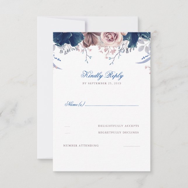 Navy Blue and Mauve Floral Wedding RSVP (Front)