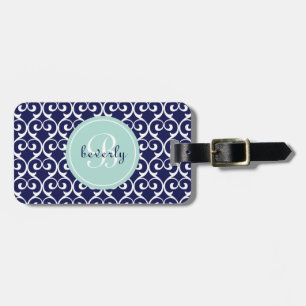 Navy Blue and Mint Heartlocked Print Luggage Tag