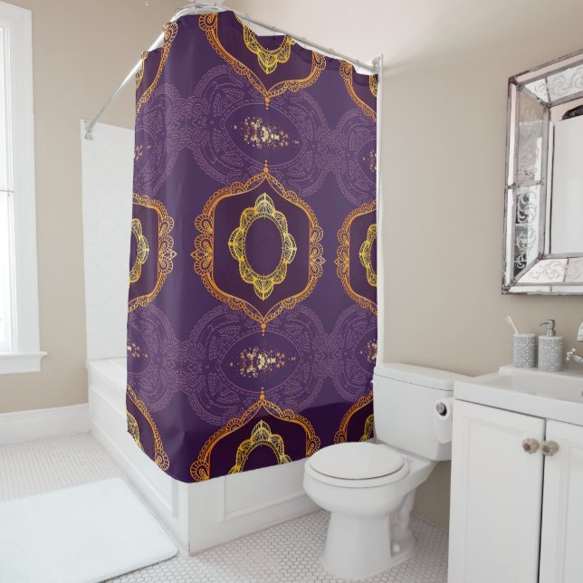 Navy Blue and or Violet with Gold Mandalas Shower Curtain (In Situ)