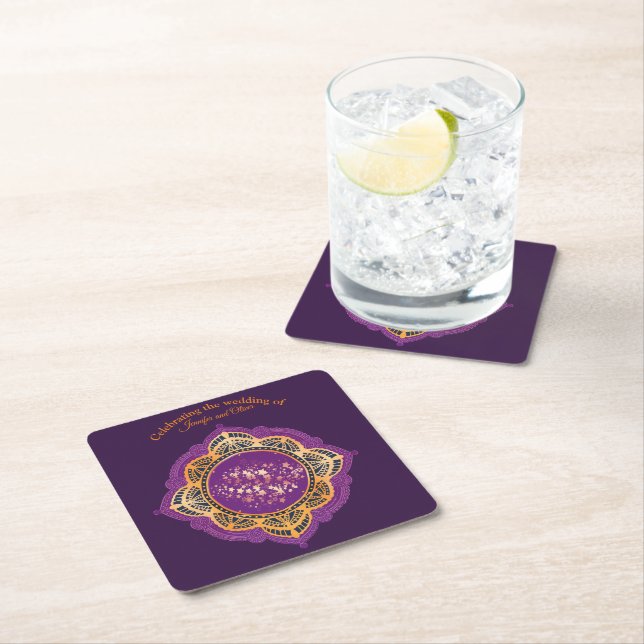 Navy Blue and or Violet with Gold Mandalas Square Paper Coaster (Insitu)