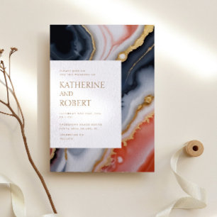Navy Blue And Orange Agate Modern Wedding Invitation