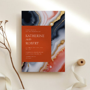 Navy Blue And Orange Agate Modern Wedding Invitation