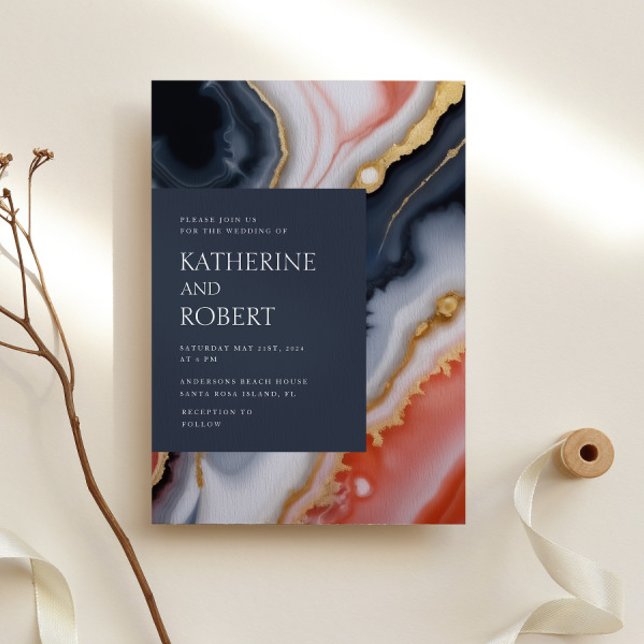 Navy Blue And Orange Agate Modern Wedding Invitation (Creator Uploaded)