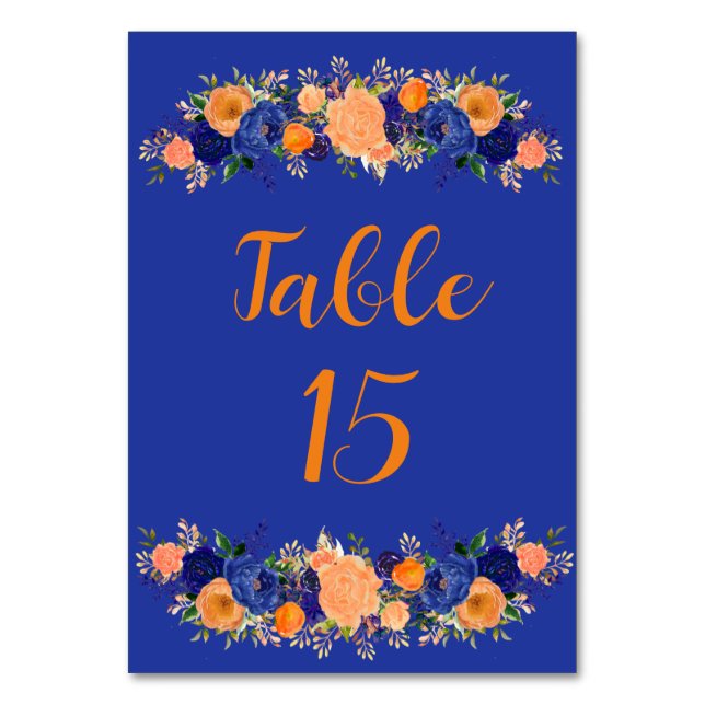 Navy Blue and Orange Botanical Floral Wedding Table Number (Front)
