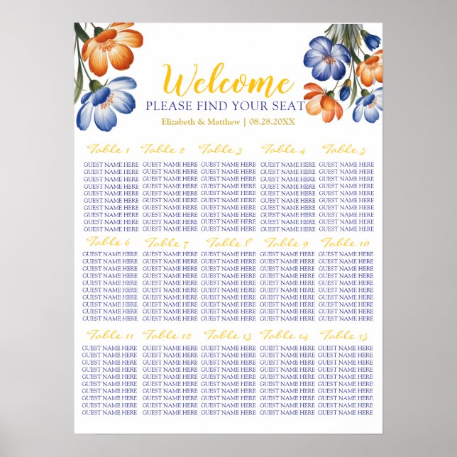 Navy Blue And Orange Floral Wedding Seating Chart (Front)