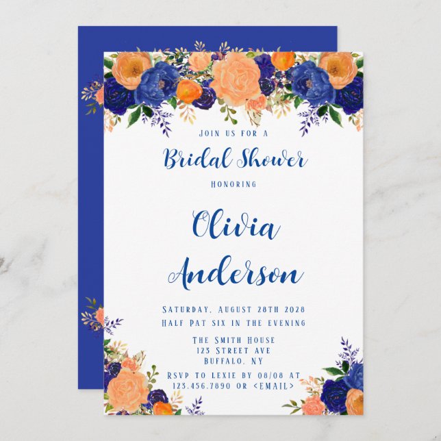 Navy Blue and Orange Florals Bridal Shower Invitation (Front/Back)