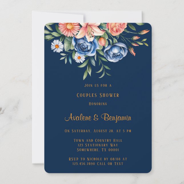 Navy Blue and Orange Peony Couples Shower Invitation (Front)