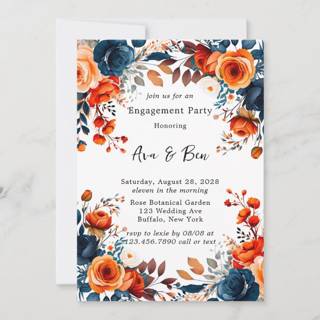 Navy Blue and Orange Peony Engagement Party Invitation (Front)