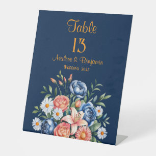 Navy Blue and Orange Peony Flower Table Number Pedestal Sign