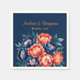 Navy Blue and Orange Peony Flower Wedding Napkin