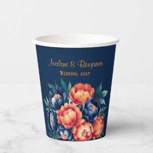 Navy Blue and Orange Peony Flower Wedding Paper Cups