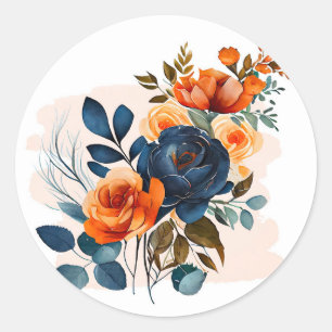 Navy Blue and Orange Peony Wedding Classic Round Sticker