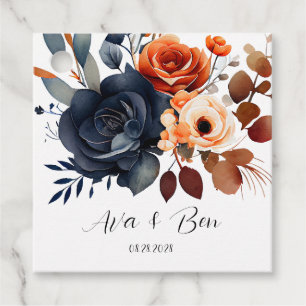 Navy Blue and Orange Peony Wedding Favour Tags