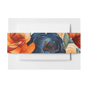 Navy Blue and Orange Peony Wedding Invitation Belly Band