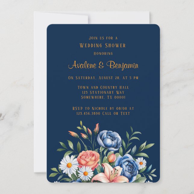 Navy Blue and Orange Peony Wedding Shower Invitation (Front)