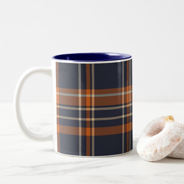 Navy Blue and Orange Plaid Two-Tone Coffee Mug (With Donut)