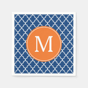 Navy Blue and Orange Quatrefoil Monogram Napkin
