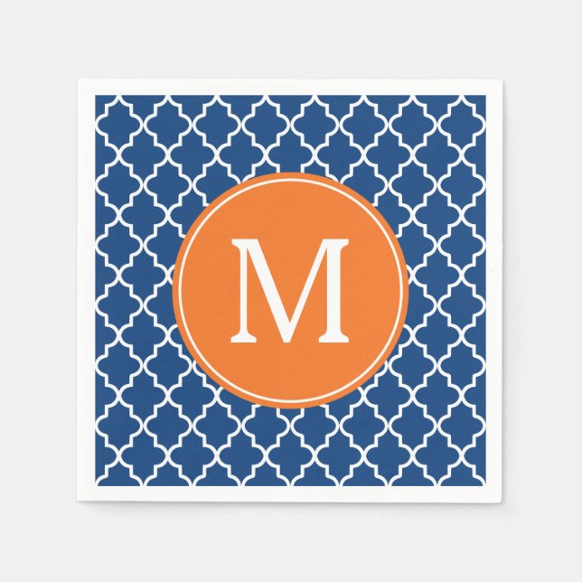 Navy Blue and Orange Quatrefoil Monogram Napkin (Front)
