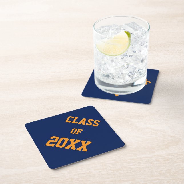Navy Blue and Orange School Colours and Class Year Paper Coaster (Insitu)