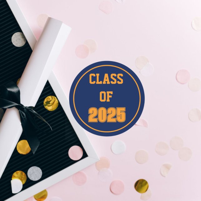 Navy Blue and Orange School Colours Class Year Classic Round Sticker (In Situ Graduation)