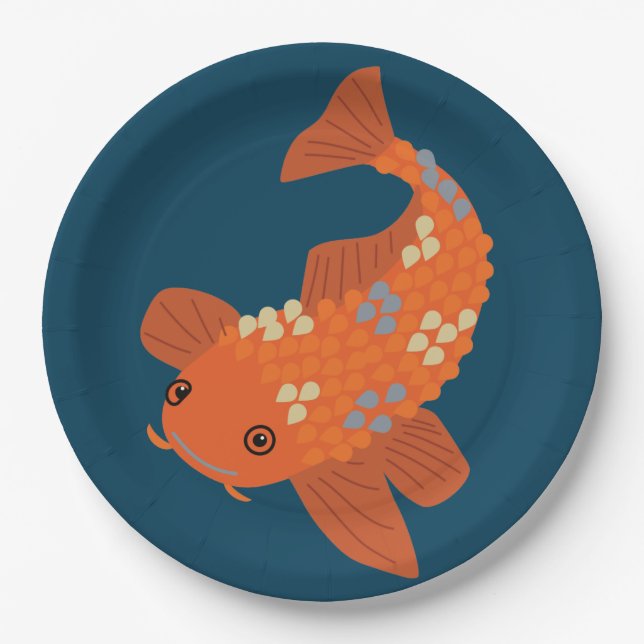 Navy Blue and Orange Swimming Koi Goldfish Paper Plate (Front)