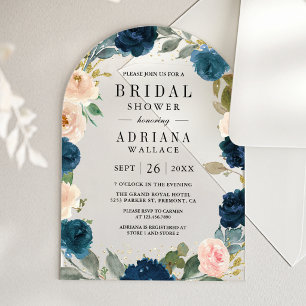 Navy Blue and Peach Floral Bridal Shower Acrylic Invitations