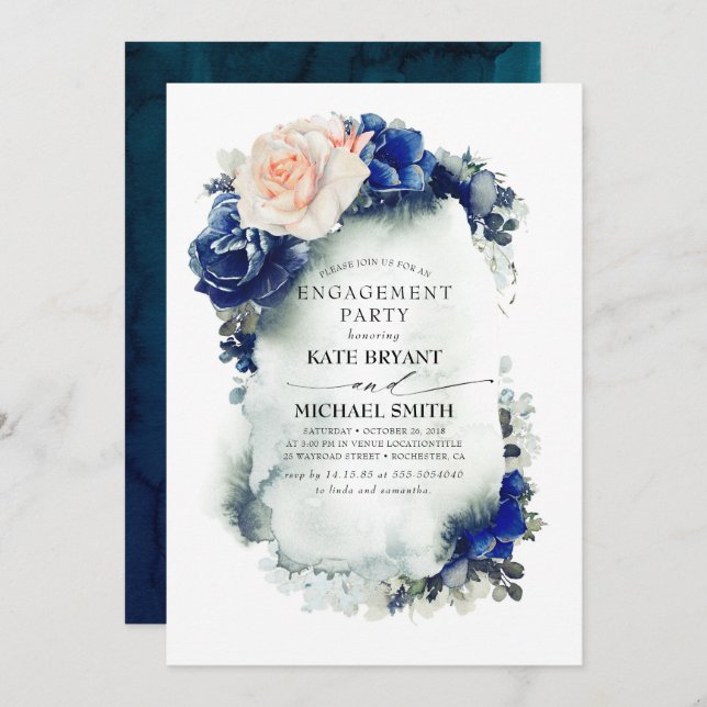 Navy Blue and Peach Floral Modern Engagement Party Invitation (Front/Back)