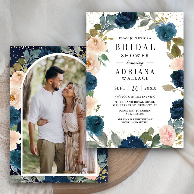 Navy Blue and Peach Floral Photo Bridal Shower Invitation (Creator Uploaded)
