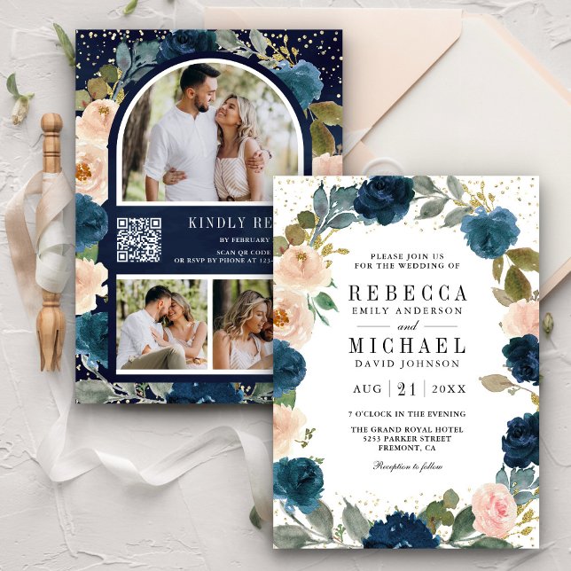 Navy Blue and Peach Floral Photo QR Code Wedding Invitation (Creator Uploaded)