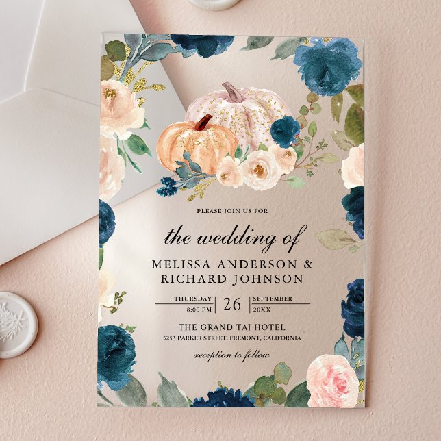 Navy Blue and Peach Floral Pumpkin Wedding Acrylic Invitations (Creator Uploaded)