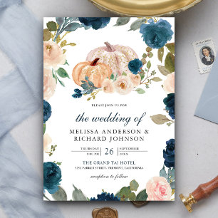 Navy Blue and Peach Floral Pumpkin Wedding Invitation