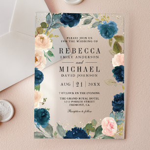Navy Blue and Peach Floral Wedding Acrylic Invitations
