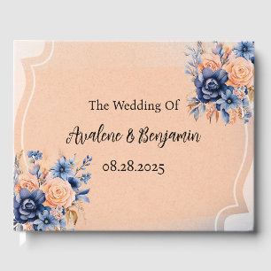 Navy Blue and Peach Painted Floral Wedding Guest Book