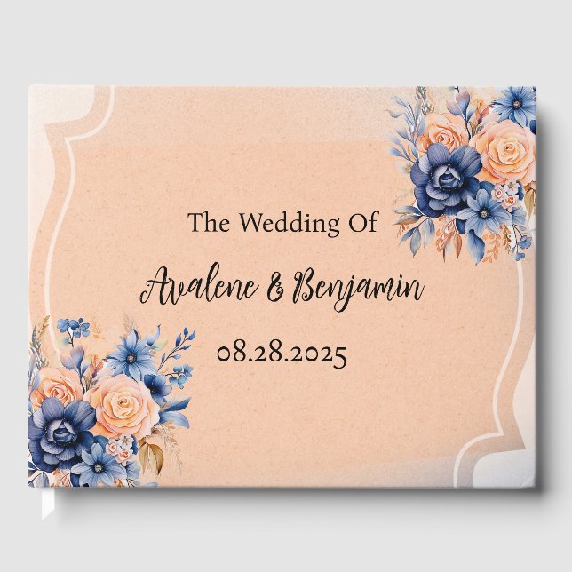 Navy Blue and Peach Painted Floral Wedding Guest Book (Front)