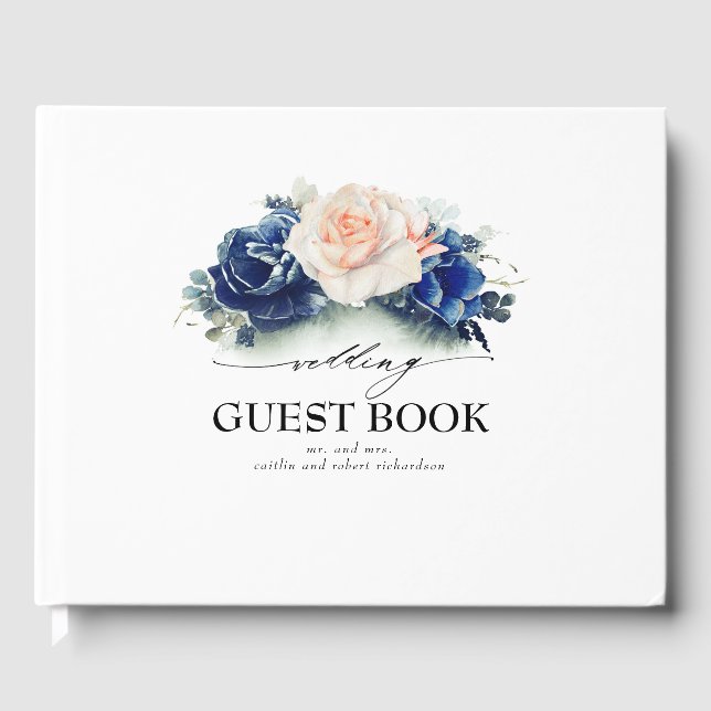 Navy Blue and Peach Watercolor Flowers Wedding Guest Book (Front)