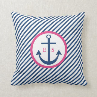 Navy Blue and Pink Anchor Monogram Pillow