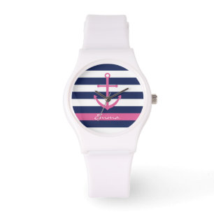 Navy Blue and Pink Anchor Monogram Watch