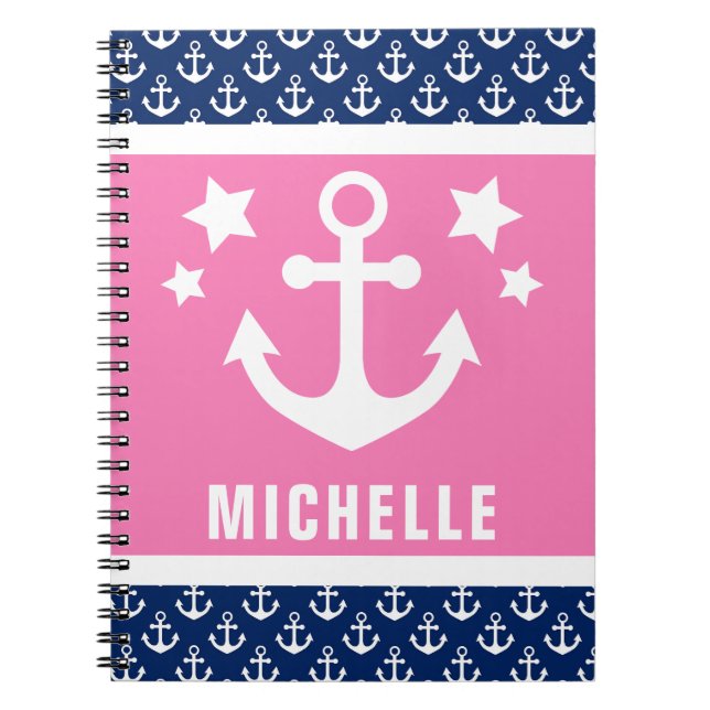 Navy Blue and Pink Anchors Nautical Pattern Notebook (Front)