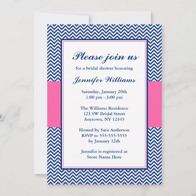 Navy Blue and Pink Chevron Bridal Shower Invitation (Front)