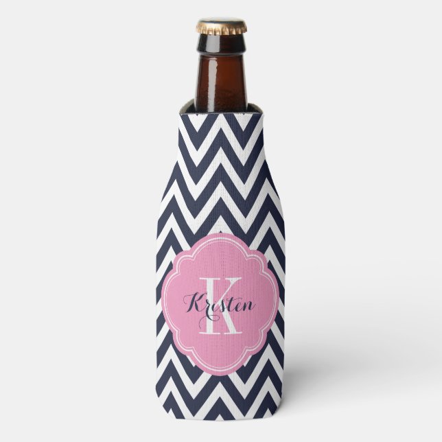 Navy Blue and Pink Chevron Monogram Bottle Cooler (Bottle Front)