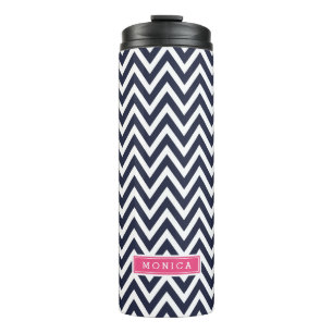 Navy Blue and Pink Chevron Monogram Thermal Tumbler