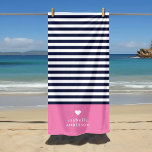 Navy Blue and Pink Chic Stripes Heart Monogram Beach Towel<br><div class="desc">Stylish custom beach towel in pink, navy blue and white colours. This design features a preppy classic navy and white striped pattern. Personalise it with your name monogram or other custom text with a cute heart symbol. Use the design tools to choose any background colours, edit the text fonts and...</div>