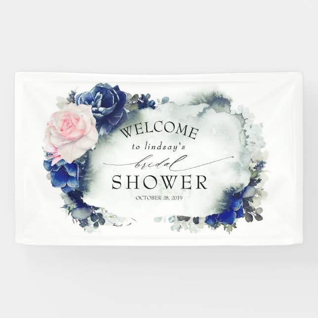 Navy Blue and Pink Floral Bridal Shower Banner (Horizontal)
