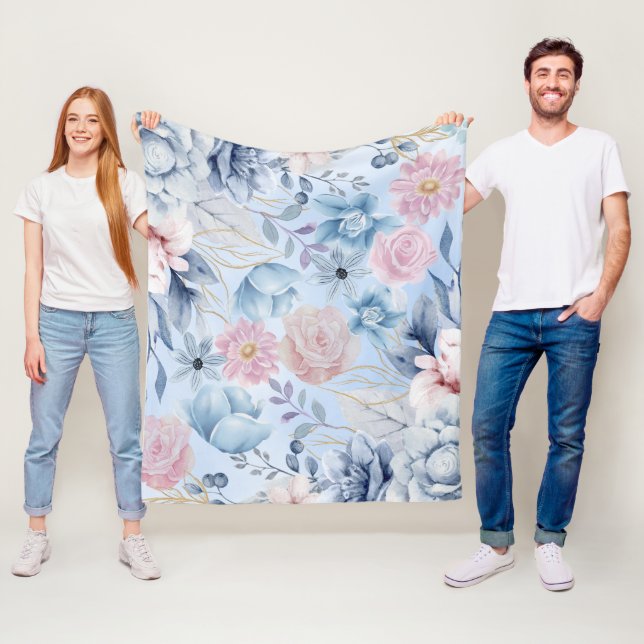 Navy Blue And Pink Floral Fleece Blanket (In Situ)