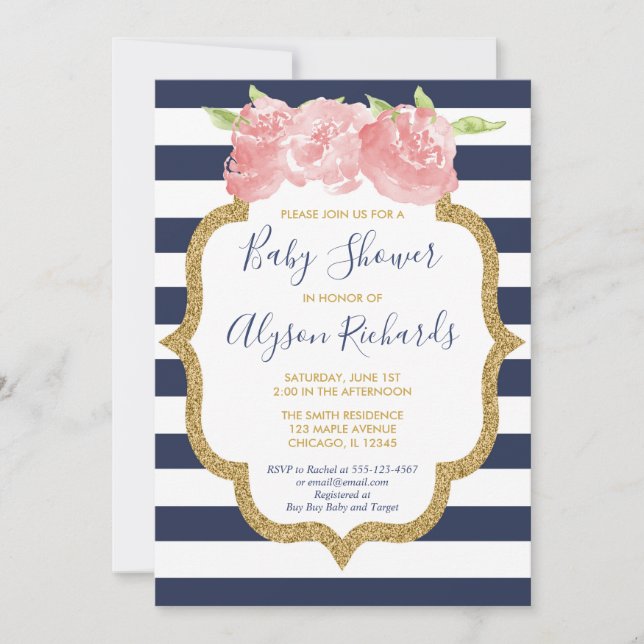 Navy blue and pink floral girl baby shower invitation (Front)