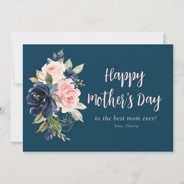 navy blue and pink floral happy mother's day card (Front)