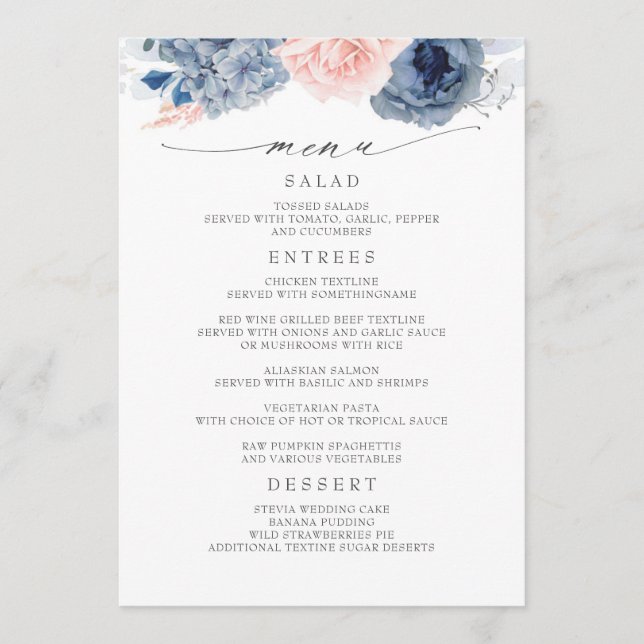 Navy Blue and Pink Floral Modern Wedding Menu (Front)