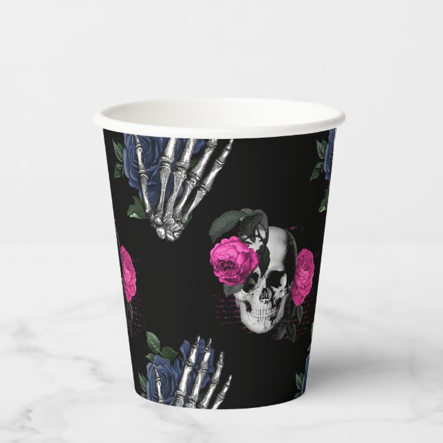 Navy Blue and Pink Floral Skulls Gothic Wedding Paper Cups (Front)