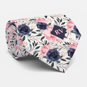 Navy Blue and Pink Floral Watercolor Tie