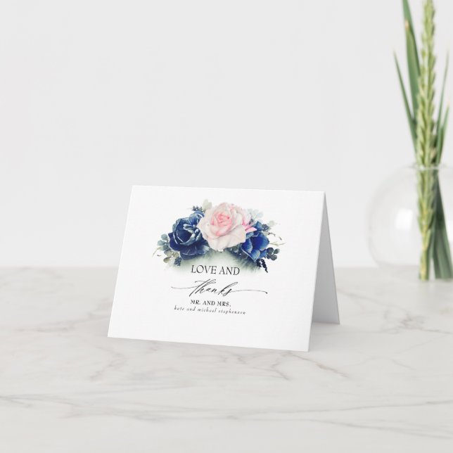 Navy Blue and Pink Floral Wedding Thank You Card (Front)